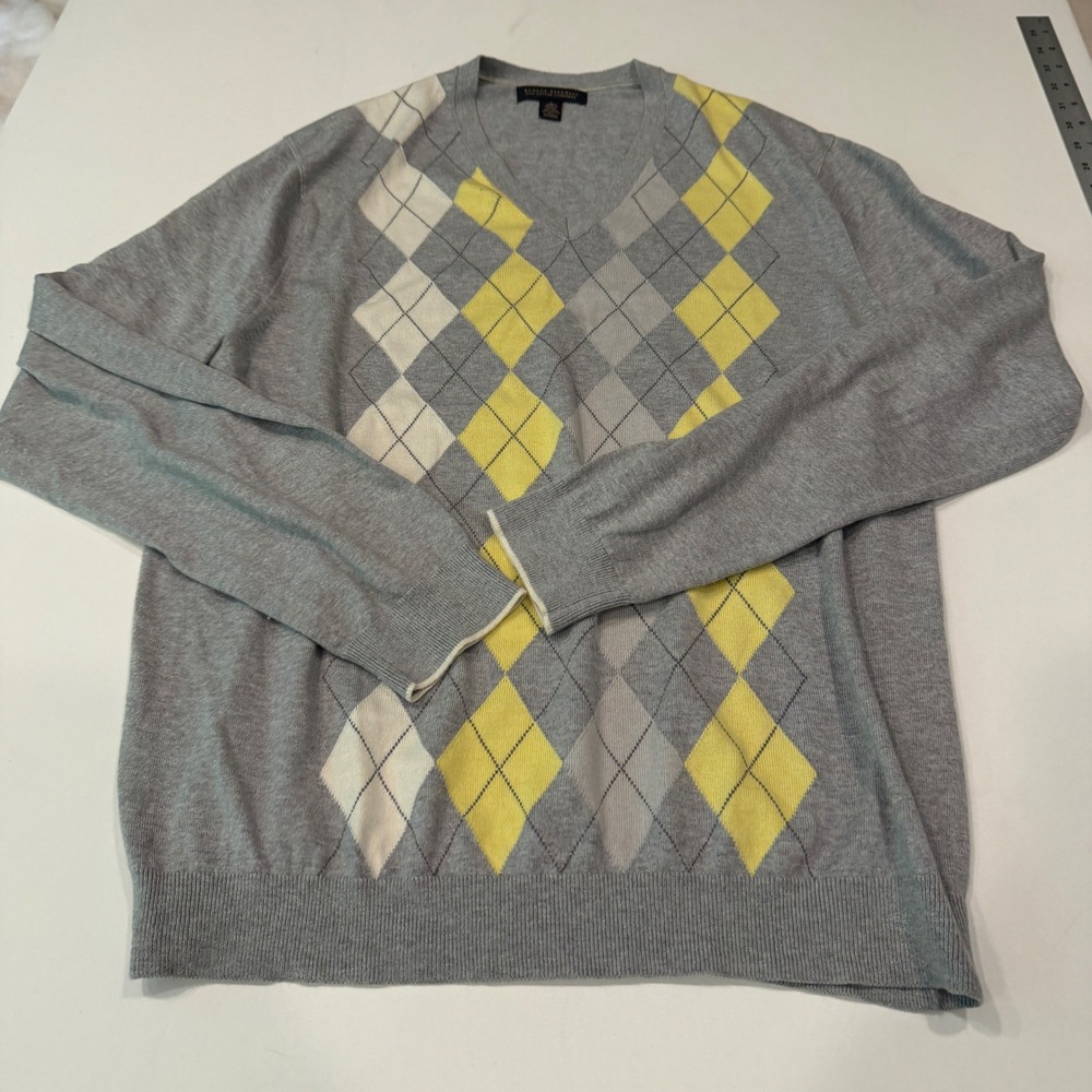 Banana Republic Silk Cotton Cashmere Argyle V-Neck Sweater Grey Yellow Mens L